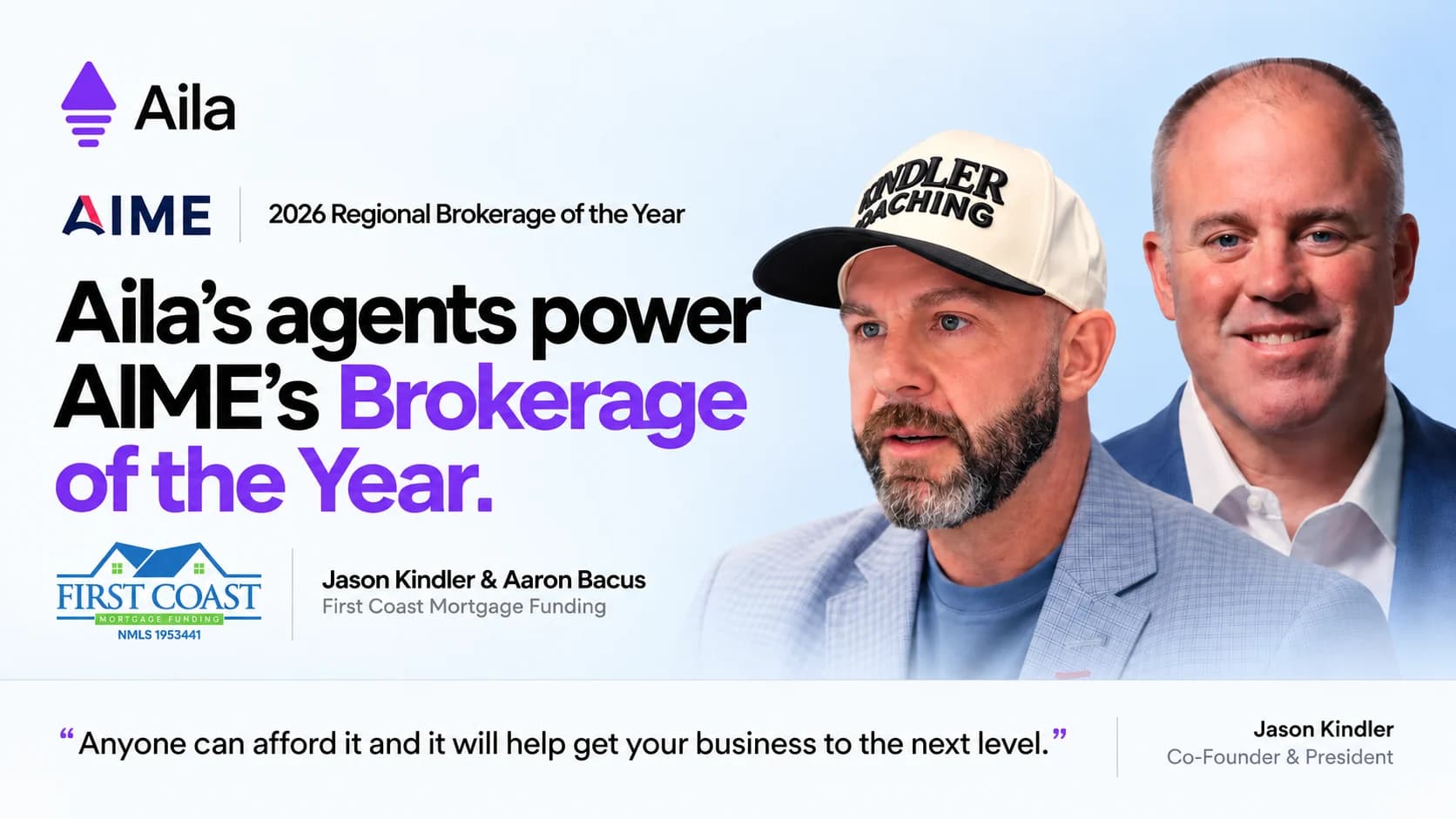 Aila's agents power AIME's 2026 Regional Brokerage of the Year: First Coast Mortgage Funding. Jason Kindler and Aaron Bacus. “Anyone can afford it and it will help get your business to the next level.” Jason Kindler, Co-Founder & President.
